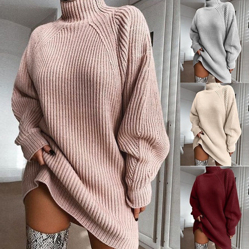 Solid Turtleneck Women Sweater Dress