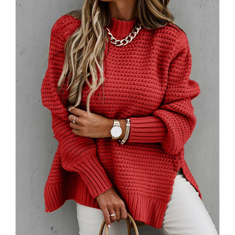 Solid color drawstring side slit knit sweater