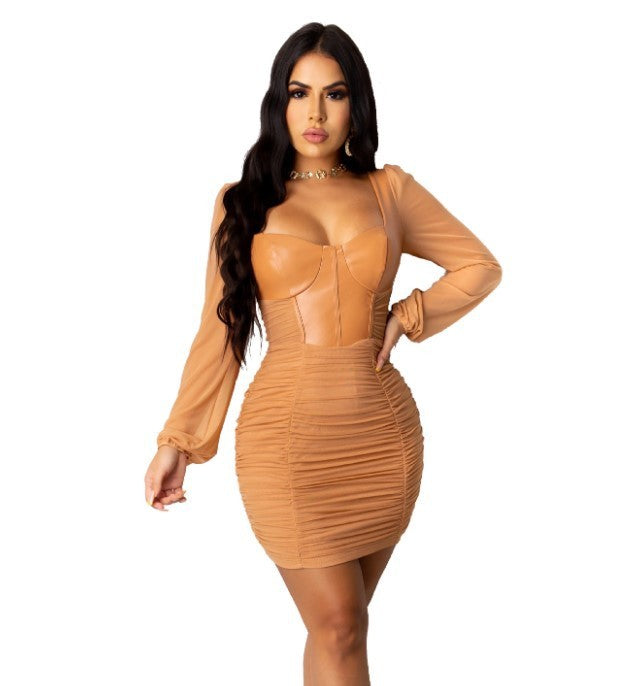 Pu Mesh Pleated Mini Dress