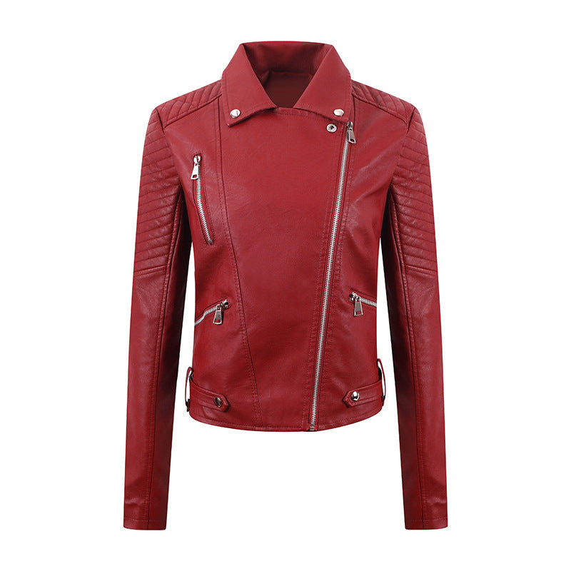 Women's Leather Oblique Pull Slim Motorcycle Leather Jacket