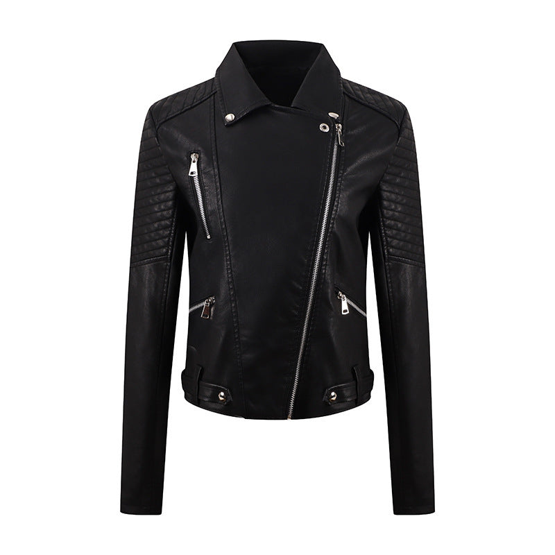 Women's Leather Oblique Pull Slim Motorcycle Leather Jacket