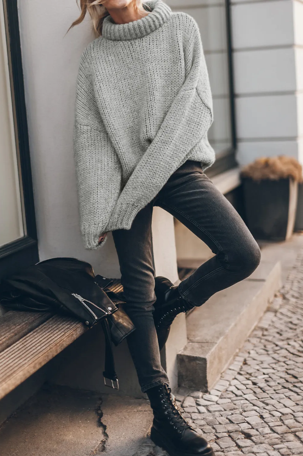 Oversize turtleneck sweater, light gray