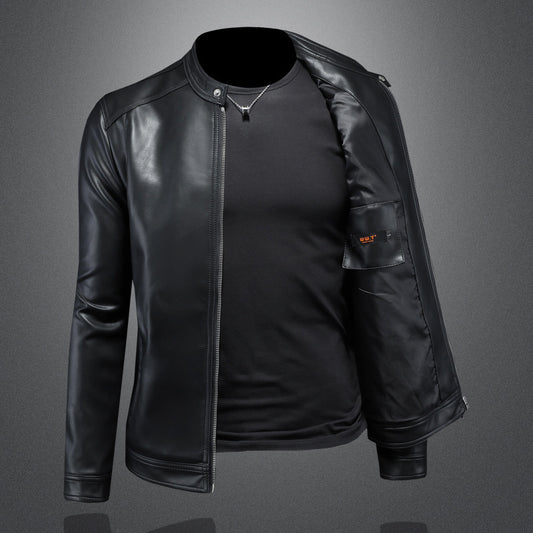 Men Lapel Motorcycle Leather Coat Slim Jacket