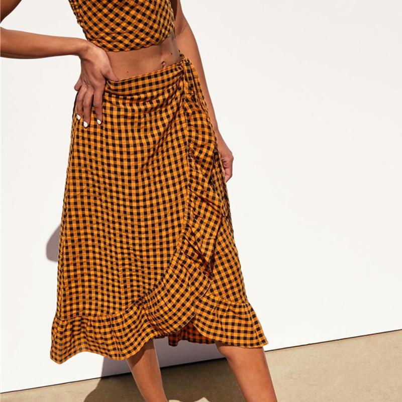 Elegant yellow plaid ruffle midi skirt Women high waist bow