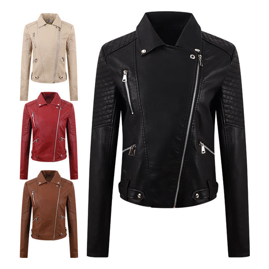 Women's Leather Oblique Pull Slim Motorcycle Leather Jacket