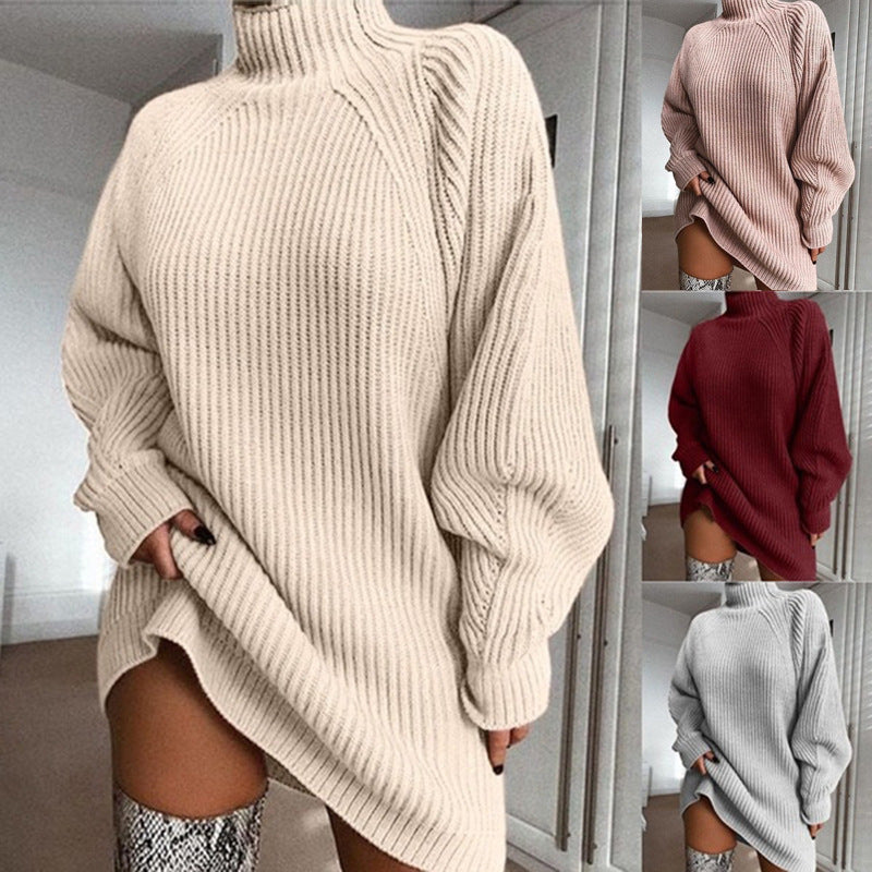 Solid Turtleneck Women Sweater Dress