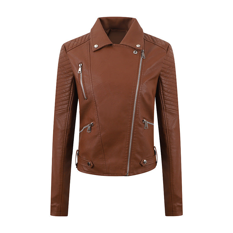 Women's Leather Oblique Pull Slim Motorcycle Leather Jacket