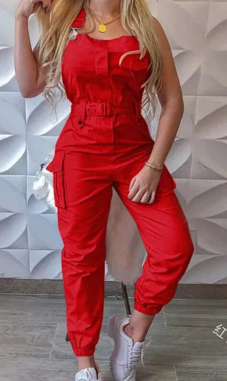 Women's Fashion Jumpsuit W/ Belt, Sleeveless