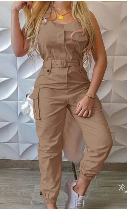 Women's Fashion Jumpsuit W/ Belt, Sleeveless