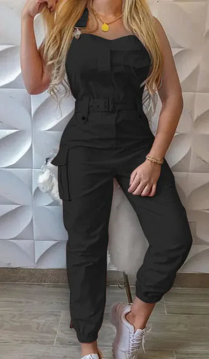 Women's Fashion Jumpsuit W/ Belt, Sleeveless