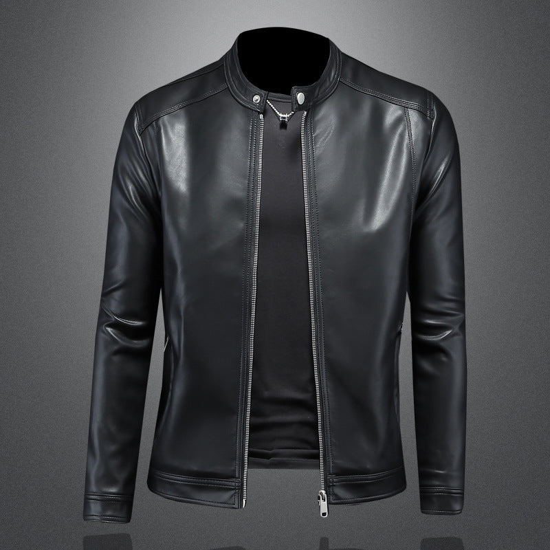 Men Lapel Motorcycle Leather Coat Slim Jacket